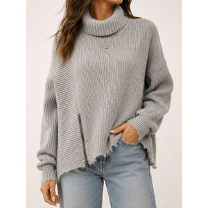 Faded Glory Gray Cowl Neck Sweater Asymmetrical Zip Tunic Soft Cozy Size M